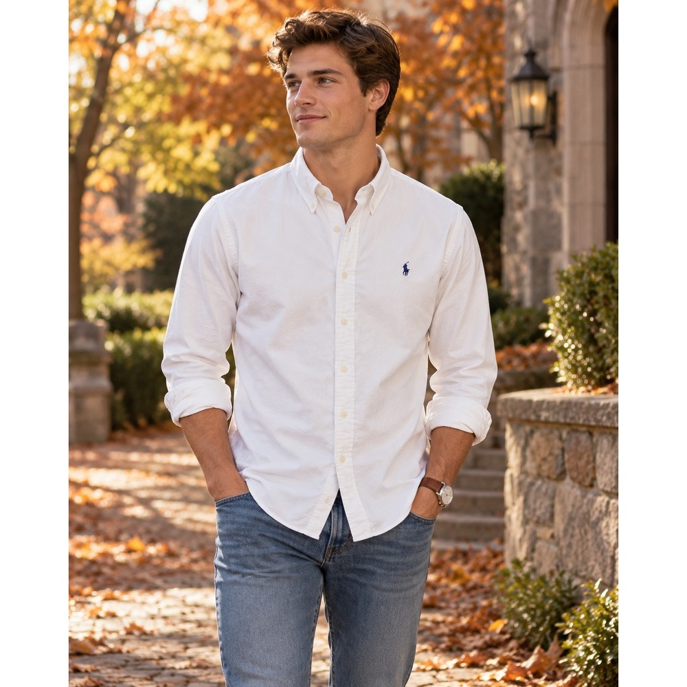 Polo Ralph Lauren Mens White Oxford Button Down Shirt Long Sleeve Size L